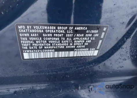 2020 Volkswagen Passat 2.0T Se z USA, uszkodzony, nr VIN 1VWSA7A31LC009992